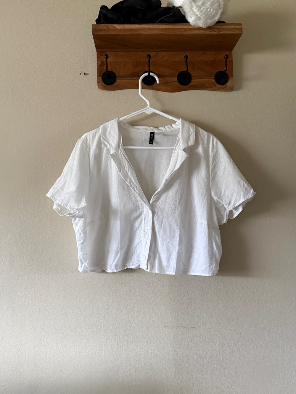H&M Divided White Cotton Linen Sheer Cropped Button Down Top Size XL Coastal